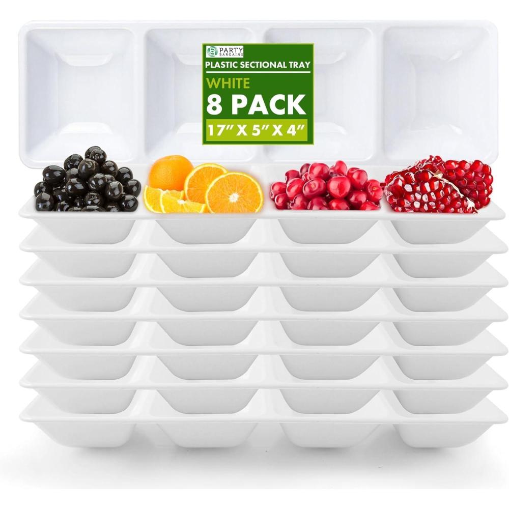 imageParty Bargains Disposable Sectional Rectangular Serving Tray White 8 Pack 5 x 16 Inches 4 Compartments Plastic Serving Tray for Weddings Buffets Dinner Birthday PartiesWhite