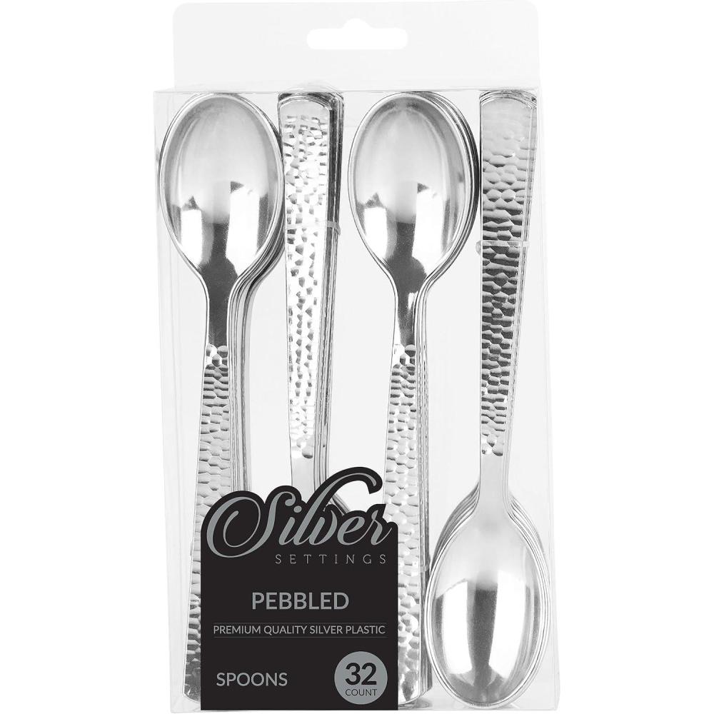 imageParty Bargains Disposable Silverware Spoons with Pebbled Design 64 Count Silver Heavy Duty Plastic Flatware Cutlery Utensils Excellent for Weddings Parties Buffet CateringSilver Spoons