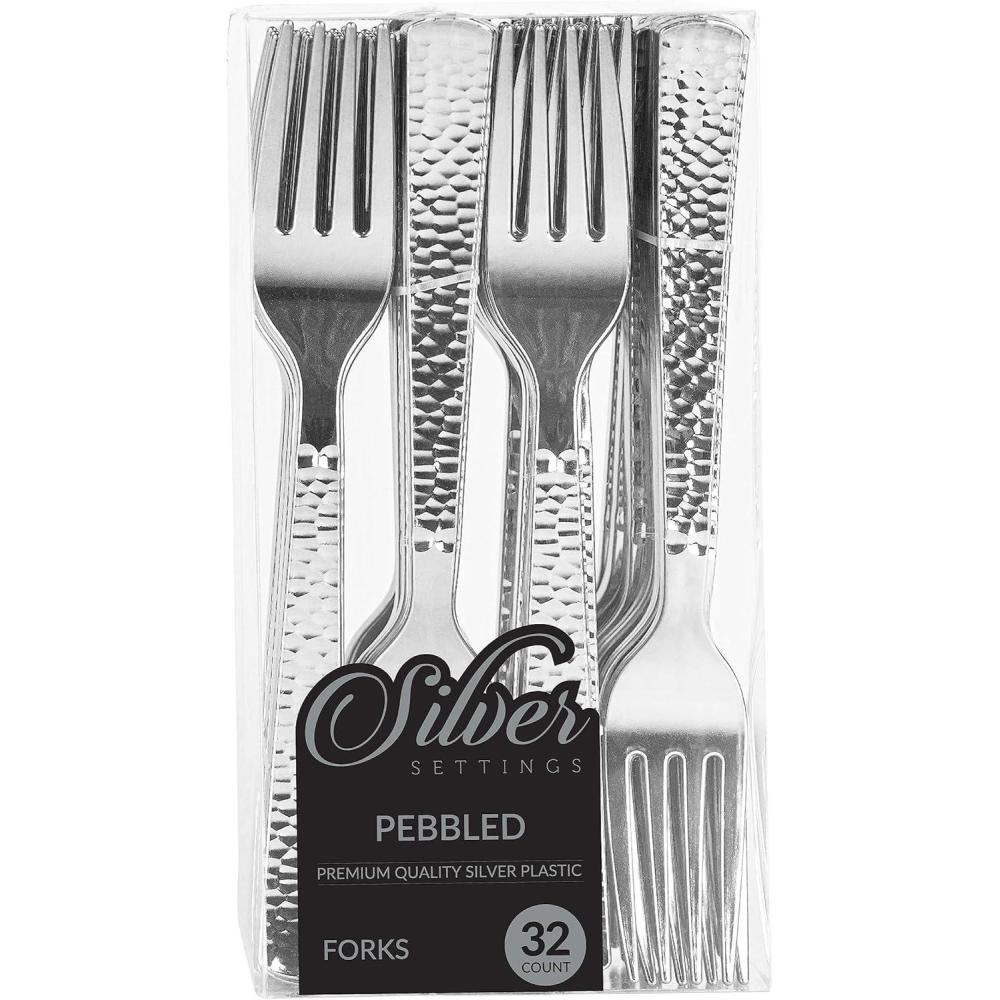 imageParty Bargains Disposable Silverware Spoons with Pebbled Design 64 Count Silver Heavy Duty Plastic Flatware Cutlery Utensils Excellent for Weddings Parties Buffet CateringSilver Forks