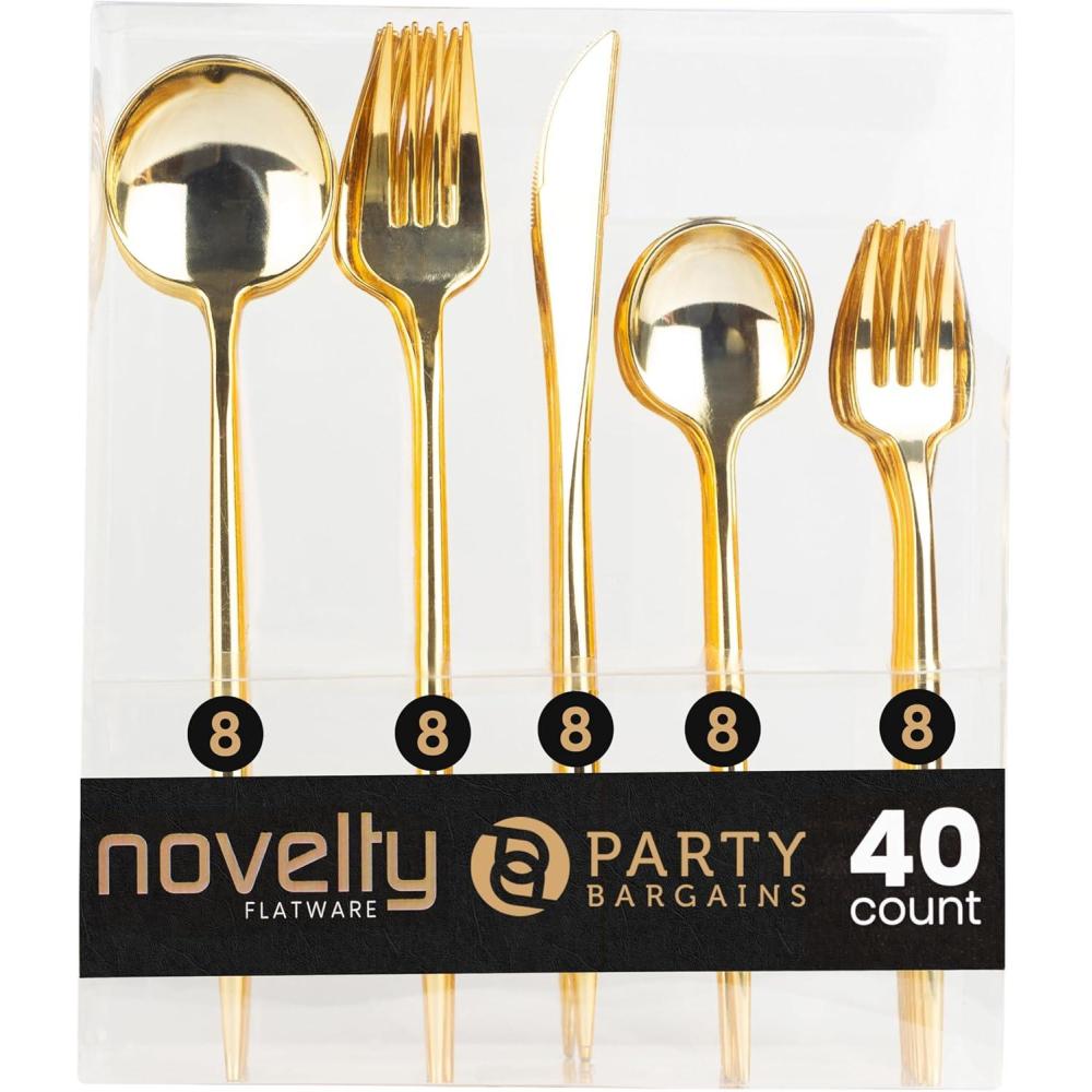 imageParty Bargains Plastic Silverware Set 40 Pc Novelty Design Gold 16 Forks 8 Knives 16 Spoons Disposable Cutlery Modern Flatware Utensils Place Settings Dinner Dessert Entrees
