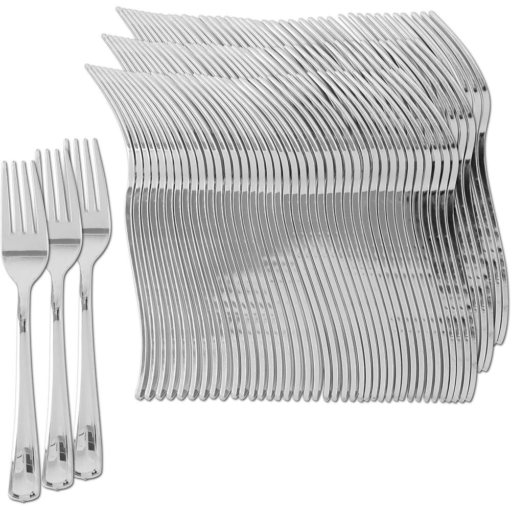 imageParty Bargains Silver Plastic Forks  120 Count Disposable Plastic Silverware Fork Durable amp Elegant Stylish Silver Cutlery