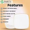 PARTY BARGAINS 14″ Disposable Plastic Serving Tray 4-Pack – White with Gold Rim Square Party Platters for Snacks, Appetizers, Charcuterie, Weddings & Catering