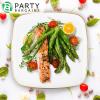 PARTY BARGAINS 14″ Disposable Plastic Serving Tray 4-Pack – White with Gold Rim Square Party Platters for Snacks, Appetizers, Charcuterie, Weddings & Catering
