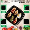 PARTY BARGAINS 14″ Disposable Plastic Serving Tray 8-Pack – Black with Gold Rim Square Party Platters for Snacks, Appetizers, Charcuterie, Weddings & Catering