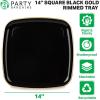 PARTY BARGAINS 14″ Disposable Plastic Serving Tray 8-Pack – Black with Gold Rim Square Party Platters for Snacks, Appetizers, Charcuterie, Weddings & Catering