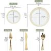 PARTY BARGAINS 250 Disposable Dinner Set for 50 Guest – Gold Spiral, 50 Each: 10″ Dinner Plates, 7″ Salad/Dessert Plates, Forks, Knives, Spoons, for Wedding Receptions, Banquets, Buffets