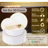 PARTY BARGAINS 250 Disposable Plastic Dinnerware Set for 50 Guest – Gold Rim, 50 Each: 10″ Dinner Plates, 7″ Salad/Dessert Plates, Forks, Knives, Spoons, Weddings, Bridal Showers, Birthday