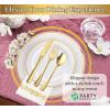PARTY BARGAINS 250 Disposable Plastic Dinnerware Set for 50 Guest – Gold Rim, 50 Each: 10″ Dinner Plates, 7″ Salad/Dessert Plates, Forks, Knives, Spoons, Weddings, Bridal Showers, Birthday