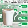 PARTY BARGAINS 8 oz Square Clear Plastic Coffee Cups with Handles – [8 Pack] Disposable Plastic Tea Cups, Excellent for Weddings, Bridal Showers, Engagement Parties, Camping(Square White)