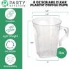 PARTY BARGAINS 8 oz Square Clear Plastic Coffee Cups with Handles – [8 Pack] Disposable Plastic Tea Cups, Excellent for Weddings, Bridal Showers, Engagement Parties, Camping(Square Clear)