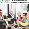 PARTY BARGAINS 8 oz Square Clear Plastic Coffee Cups with Handles – [8 Pack] Disposable Plastic Tea Cups, Excellent for Weddings, Bridal Showers, Engagement Parties, Camping(Square Black)
