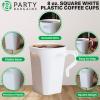 PARTY BARGAINS 8 oz Square Clear Plastic Coffee Cups with Handles – [8 Pack] Disposable Plastic Tea Cups, Excellent for Weddings, Bridal Showers, Engagement Parties, Camping(Square White)