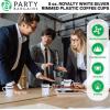 PARTY BARGAINS 8 oz Square Clear Plastic Coffee Cups with Handles – [8 Pack] Disposable Plastic Tea Cups, Excellent for Weddings, Bridal Showers, Engagement Parties, Camping(White Silver lace)