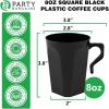 PARTY BARGAINS 8 oz Square Clear Plastic Coffee Cups with Handles – [8 Pack] Disposable Plastic Tea Cups, Excellent for Weddings, Bridal Showers, Engagement Parties, Camping(Square Black)
