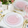 PARTY BARGAINS 9″ Plastic Dinner Plates with Gold Rim, 10-Pack Hammered Transparent Blue Disposable Party Plates for Weddings, Parties & Events(Pink with Gold Rim)