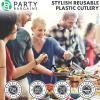 Party Bargains Disposable Plastic Silver Cutlery Set, Infinity Modern Design Utensils, 40 Pack: 16 Forks, 8 Knives, 16 Spoons(Black)