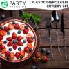 Party Bargains Disposable Plastic Silver Cutlery Set, Infinity Modern Design Utensils, 40 Pack: 16 Forks, 8 Knives, 16 Spoons(Black)