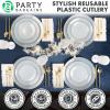 Party Bargains Disposable Plastic Silver Cutlery Set, Infinity Modern Design Utensils, 40 Pack: 16 Forks, 8 Knives, 16 Spoons(Gold)