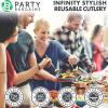 Party Bargains Disposable Plastic Silver Cutlery Set, Infinity Modern Design Utensils, 40 Pack: 16 Forks, 8 Knives, 16 Spoons(Gold)