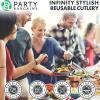 Party Bargains Disposable Plastic Silver Cutlery Set, Infinity Modern Design Utensils, 40 Pack: 16 Forks, 8 Knives, 16 Spoons(Gold Black)