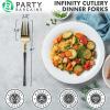 Party Bargains Disposable Plastic Silver Cutlery Set, Infinity Modern Design Utensils, 40 Pack: 16 Forks, 8 Knives, 16 Spoons(Gold Black)