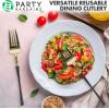 Party Bargains Disposable Plastic Silver Cutlery Set, Infinity Modern Design Utensils, 40 Pack: 16 Forks, 8 Knives, 16 Spoons(Gold Black)