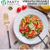 Party Bargains Disposable Plastic Silver Cutlery Set, Infinity Modern Design Utensils, 40 Pack: 16 Forks, 8 Knives, 16 Spoons(Navy Gold)