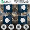 Party Bargains Disposable Plastic Silver Cutlery Set, Infinity Modern Design Utensils, 40 Pack: 16 Forks, 8 Knives, 16 Spoons(Navy Gold)