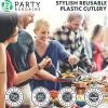 Party Bargains Disposable Plastic Silver Cutlery Set, Infinity Modern Design Utensils, 40 Pack: 16 Forks, 8 Knives, 16 Spoons(Silver)