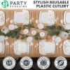 Party Bargains Disposable Plastic Silver Cutlery Set, Infinity Modern Design Utensils, 40 Pack: 16 Forks, 8 Knives, 16 Spoons(White)