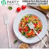 Party Bargains Disposable Plastic Silver Cutlery Set, Infinity Modern Design Utensils, 40 Pack: 16 Forks, 8 Knives, 16 Spoons(White)