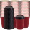PARTY BARGAINS 100 Disposable Rippled Insulated Hot Cups with lids, 12oz Burgundy Color. No Sleeves Needed to Go Teacup. Heat Protection Coffee Espresso(12oz)