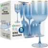 PARTY BARGAINS 12 oz Disposable Plastic Wine Goblets, Shatter-Resistant BPA-Free Stemmed Wine Cups for Weddings, Events & Outdoor Entertaining, Black, 5 Pack(Blue Gold Rim)