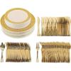 PARTY BARGAINS 125 Disposable Plastic Dinnerware Set for 25 Guest – Gold Lace, 25 Each: 10″ Dinner Plates, 7″ Salad/Dessert Plates, Forks, Knives, Spoons, for Weddings, Bridal Showers, Birthday