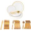 PARTY BARGAINS 125 Disposable Plastic Dinnerware Set for 25 Guest – Gold Settings, 25 Each: 10″ Dinner Plates, 7″ Salad/Dessert Plates, Forks, Knives, Spoons for Weddings, Bridal Showers, Birthday