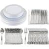 PARTY BARGAINS 125 Disposable Plastic Dinnerware Set for 25 Guest – Silver Lace, 25 Each: 10″ Dinner Plates, 7″ Salad/Dessert Plates, Forks, Knives, Spoons, Weddings, Bridal Showers, Birthday