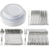 PARTY BARGAINS 125 Disposable Plastic Dinnerware Set for 25 Guest – Silver Twig, 25 Each: 10″ Dinner Plates, 7″ Salad/Dessert Plates, Forks, Knives, Spoons, for Weddings, Bridal Showers, Birthday