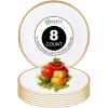 PARTY BARGAINS 14″ Disposable Plastic Serving Tray 8-Pack – White with Gold Rim Round Party Platters for Snacks, Appetizers, Charcuterie, Weddings & Catering