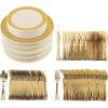 PARTY BARGAINS 250 Disposable Plastic Dinnerware Set for 50 Guest – Gold Lace, 50 Each: 10″ Dinner Plates, 7″ Salad/Dessert Plates, Forks, Knives, Spoons, for Weddings, Bridal Showers, Birthday
