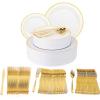 PARTY BARGAINS 250 Disposable Plastic Dinnerware Set for 50 Guest – Gold Rim, 50 Each: 10″ Dinner Plates, 7″ Salad/Dessert Plates, Forks, Knives, Spoons, Weddings, Bridal Showers, Birthday