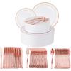 PARTY BARGAINS 250 Disposable Plastic Dinnerware Set for 50 Guest – Rose Gold, 50 Each: 10″ Dinner Plates, 7″ Salad/Dessert Plates, Forks, Knives, Spoons, Weddings, Bridal Showers, Birthday