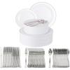 PARTY BARGAINS 250 Disposable Plastic Dinnerware Set for 50 Guest – Silver, 50 Each: 10″ Dinner Plates, 7″ Salad/Dessert Plates, Forks, Knives, Spoons, Weddings, Bridal Showers, Birthday
