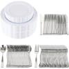 PARTY BARGAINS 250 Disposable Plastic Dinnerware Set for 50 Guest – Vintage White, 50 Each: 10″ Dinner Plates, 7″ Salad/Dessert Plates, Forks, Knives, Spoons, for Weddings, Bridal Showers, Birthday