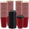 PARTY BARGAINS 50 Disposable Rippled Insulated Hot Cups with lids, 16oz Burgundy Color. No Sleeves Needed to Go Teacup. Heat Protection Coffee Espresso