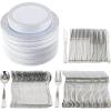 PARTY BARGAINS Disposable Plastic Set – 10” Dinner Plates, 7” Salad/Dessert Plates, Forks, Knives, Spoons, Weddings, Bridal Showers, Birthday (250-Set, Silver Lace)