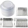 PARTY BARGAINS Disposable Plastic Set – 10” Dinner Plates, 7” Salad/Dessert Plates, Forks, Knives, Spoons, Weddings, Bridal Showers, Birthday (250-Set, Silver Twig)