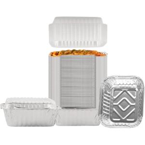 PARTY BARGAINS 1 lb Small Aluminum Pans with Plastic Dome Lids, 800 Pack Disposable Foil Take-Out Containers, 5.5 x 4.5 Inch Meal Prep Baking Pans for Pies, Cakes, Meats, Oven Safe up to 240°C(50)
