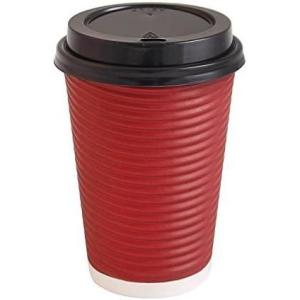 PARTY BARGAINS 100 Disposable Rippled Insulated Hot Cups with lids, 12oz Burgundy Color. No Sleeves Needed to Go Teacup. Heat Protection Coffee Espresso(16oz)