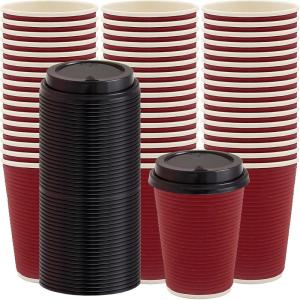 PARTY BARGAINS 100 Disposable Rippled Insulated Hot Cups with lids, 12oz Burgundy Color. No Sleeves Needed to Go Teacup. Heat Protection Coffee Espresso(12oz)