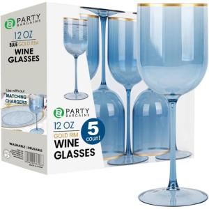 PARTY BARGAINS 12 oz Disposable Plastic Wine Goblets, Shatter-Resistant BPA-Free Stemmed Wine Cups for Weddings, Events & Outdoor Entertaining, Black, 5 Pack(Blue Gold Rim)